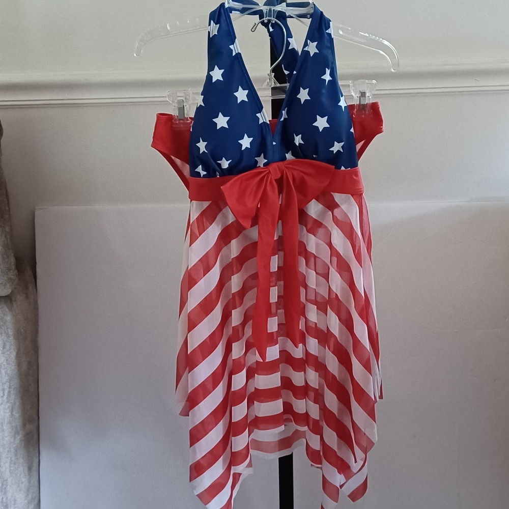 American Flag Print Two Piece Womens Swimsuit Sz Sm Memorial Day 4th Of July